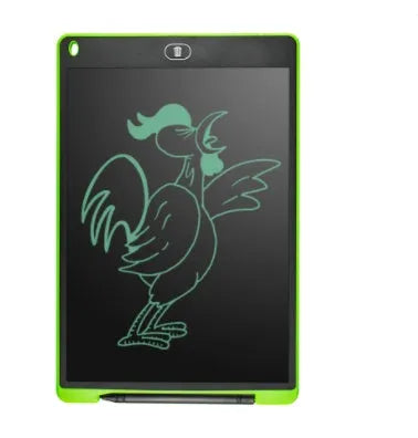 LCD drawing tablet for kids in light blue, showing colourful lines drawn with a plastic stylus.