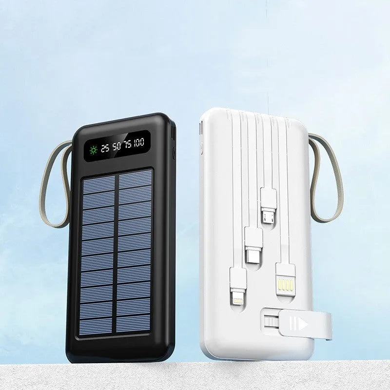 Solar power bank in black or white with polymer lithium ion battery showing capacity options of 20000mA or 30000mA