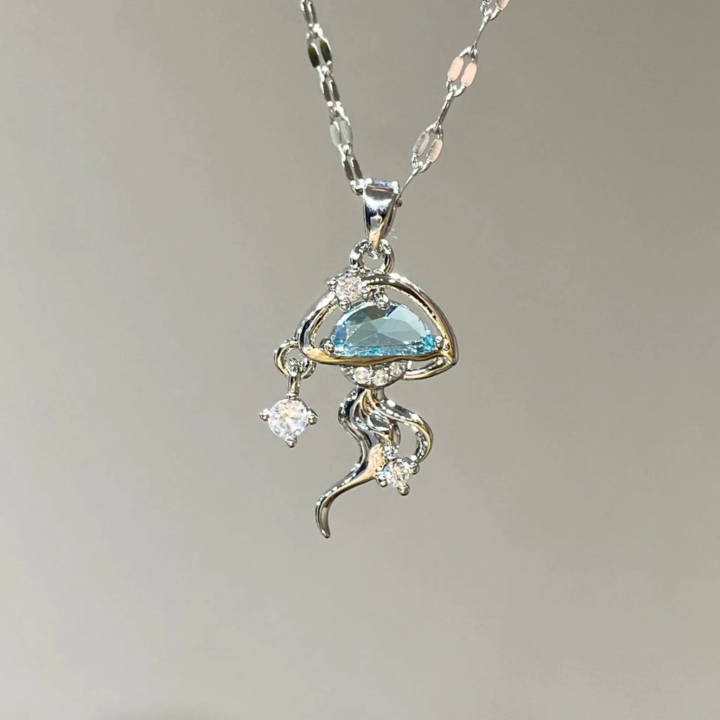 S925 sterling silver blue jellyfish necklace with adjustable length and white gold colour finish