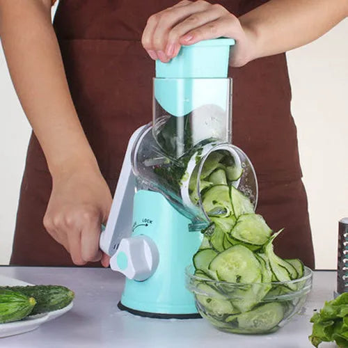 Manual round kitchen mandoline slicer with stainless steel blades in blue colour