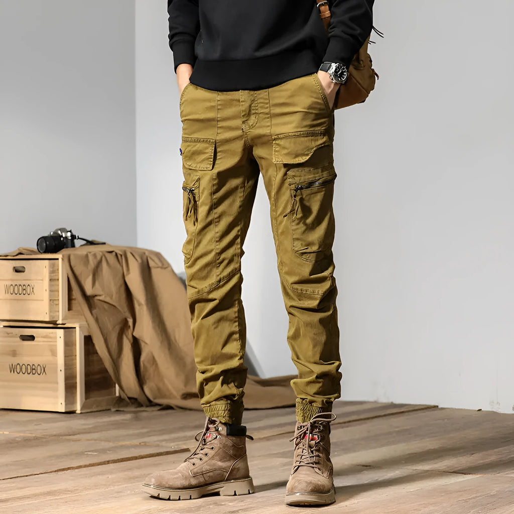 Cotton Japanese style overalls straight leg trousers for men in four colours black khaki army green gray sizes 29-38