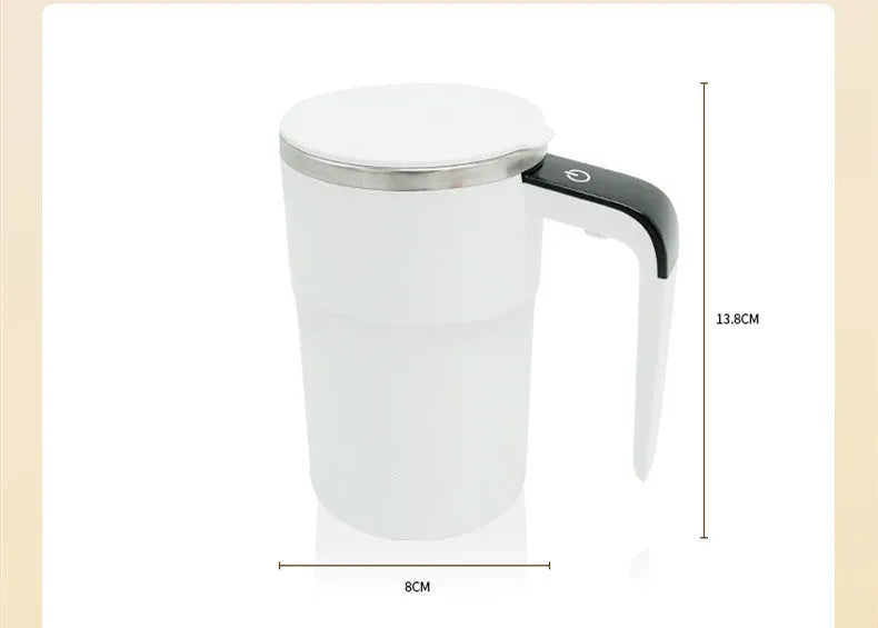White automatic stirring coffee mug with LCD temperature display and USB charging cable