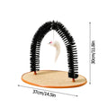 Black plastic arch-shaped cat grooming device with scratching cloth and attached mouse toy