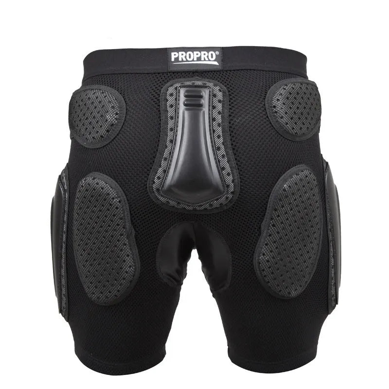 Black cycling protective hip pad pants shown flat, highlighting the integrated hip cushioning area.