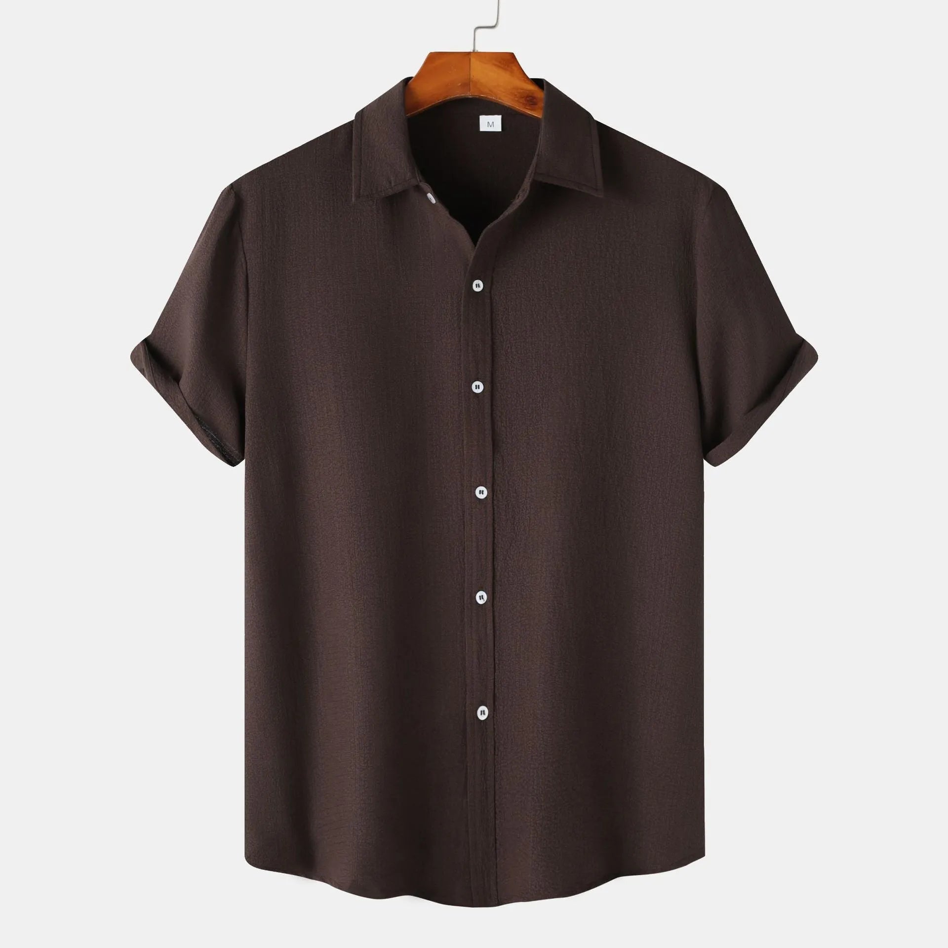 Man wearing a casual short-sleeved polyester cardigan-style shirt in a GKESJ colour.