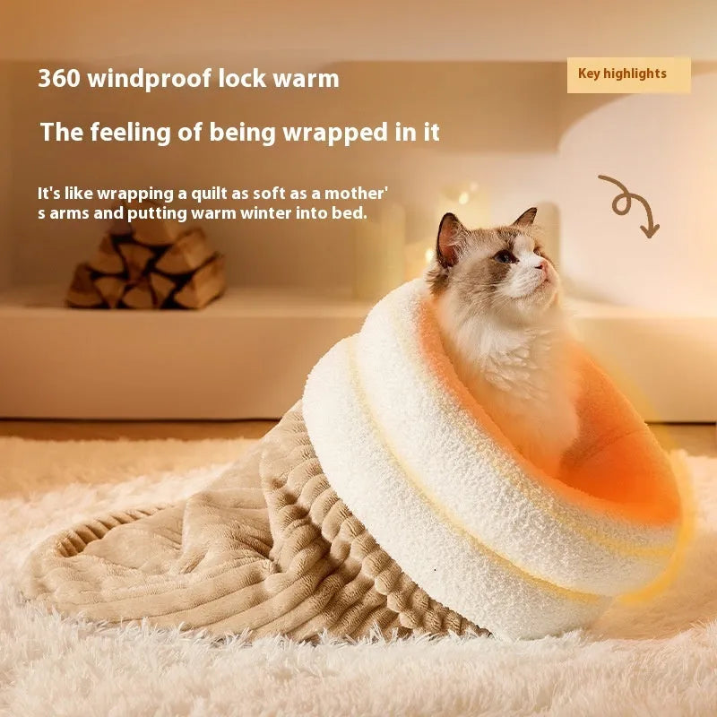 Brown semi-enclosed pet sleeping bag with lambswool warming layer for cats