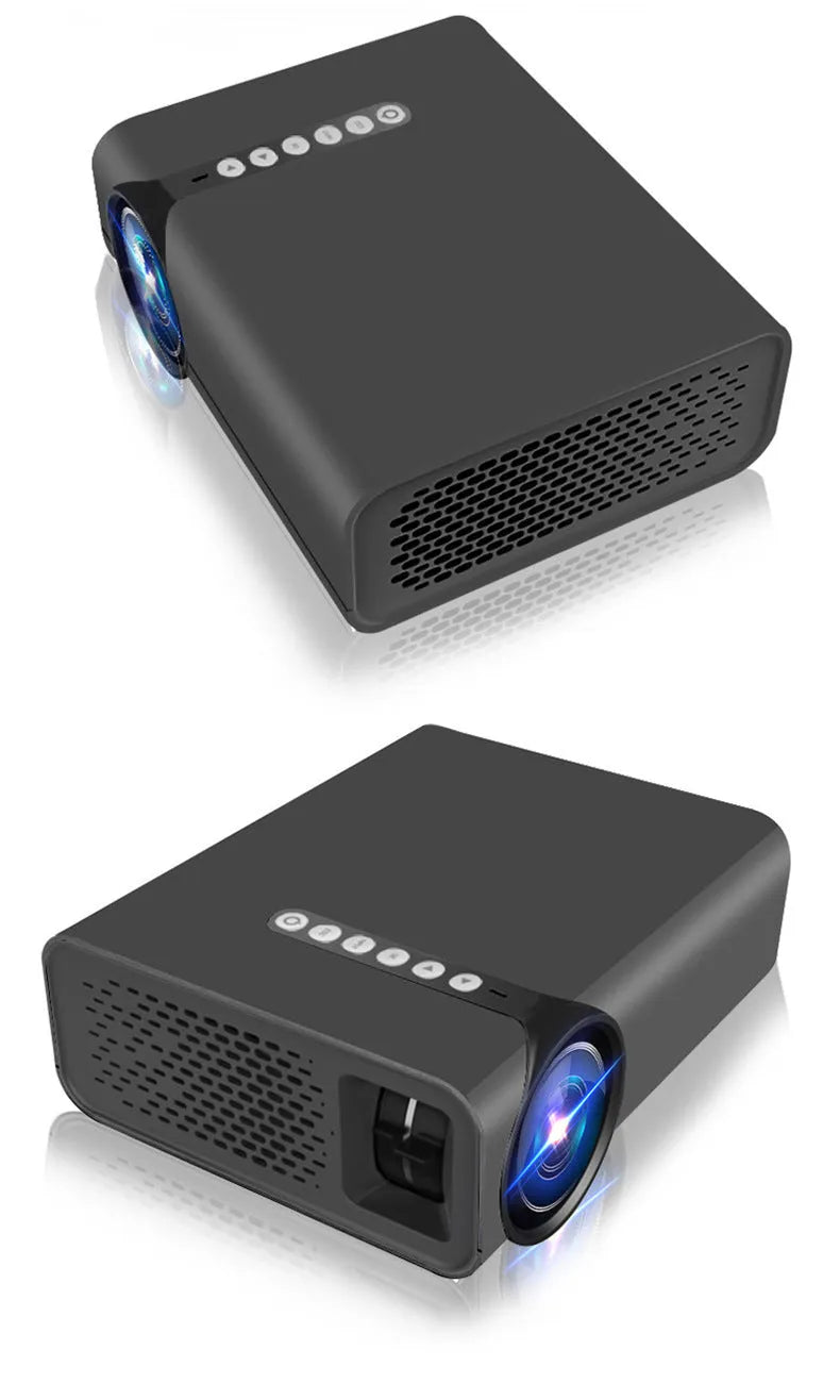 Portable HD 1080P projector in black with remote control and power cord on a table
