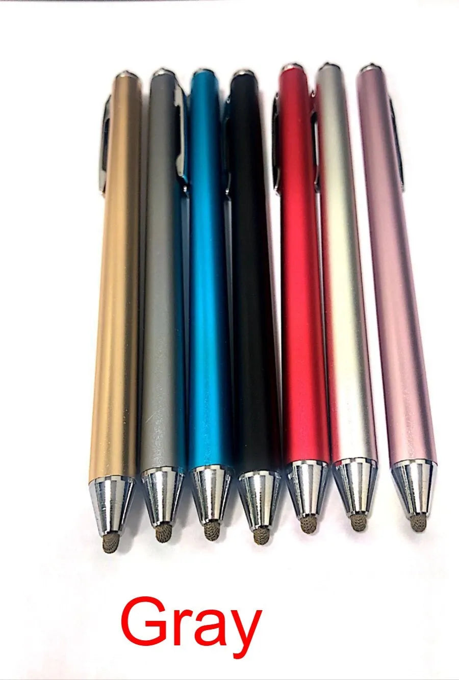 Metal capacitive stylus pen in seven colour options: black, silver, red, sky blue, gold, pink, and grey.
