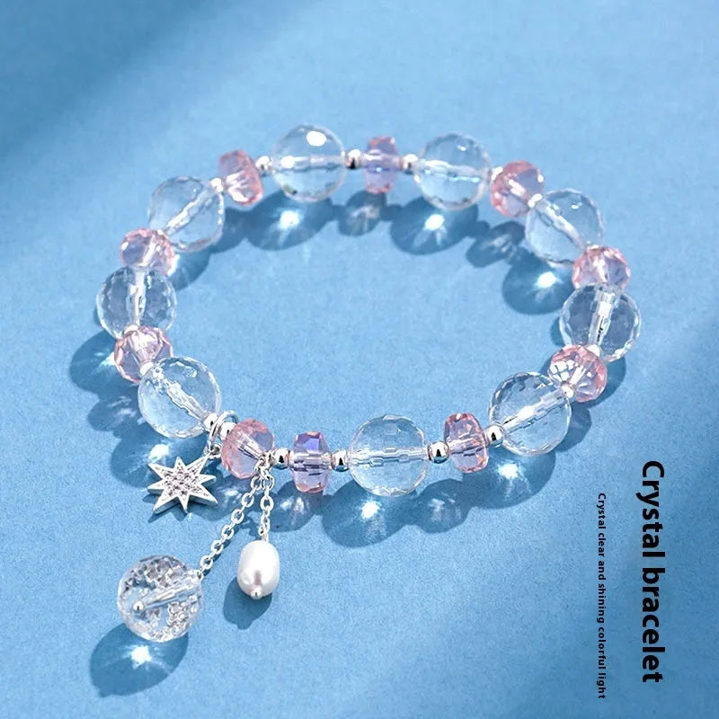White crystal bracelet for women with diamond shapes and lucky cat charm