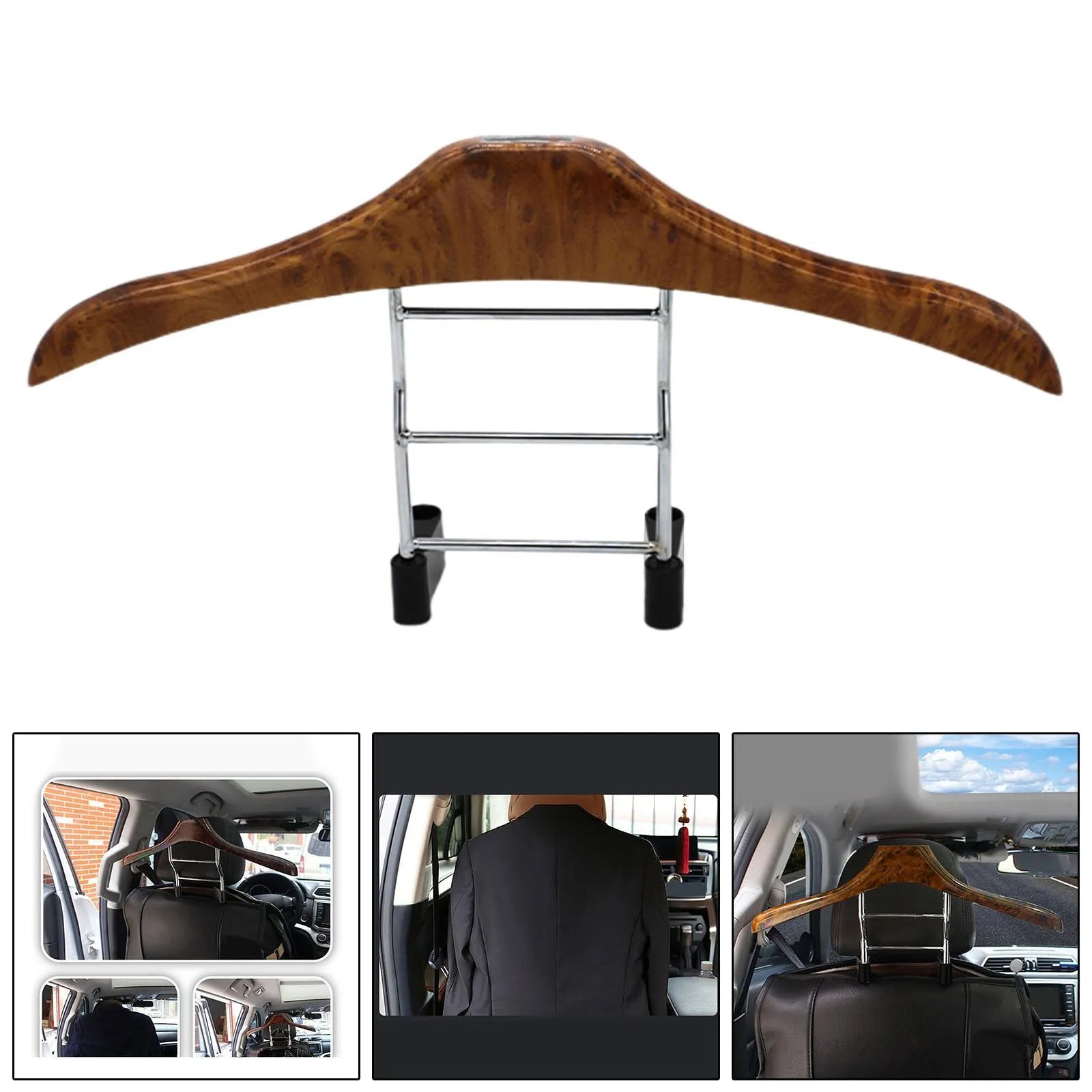 Wood yellow stainless steel car mounted clothes hanger showing dimensions.
