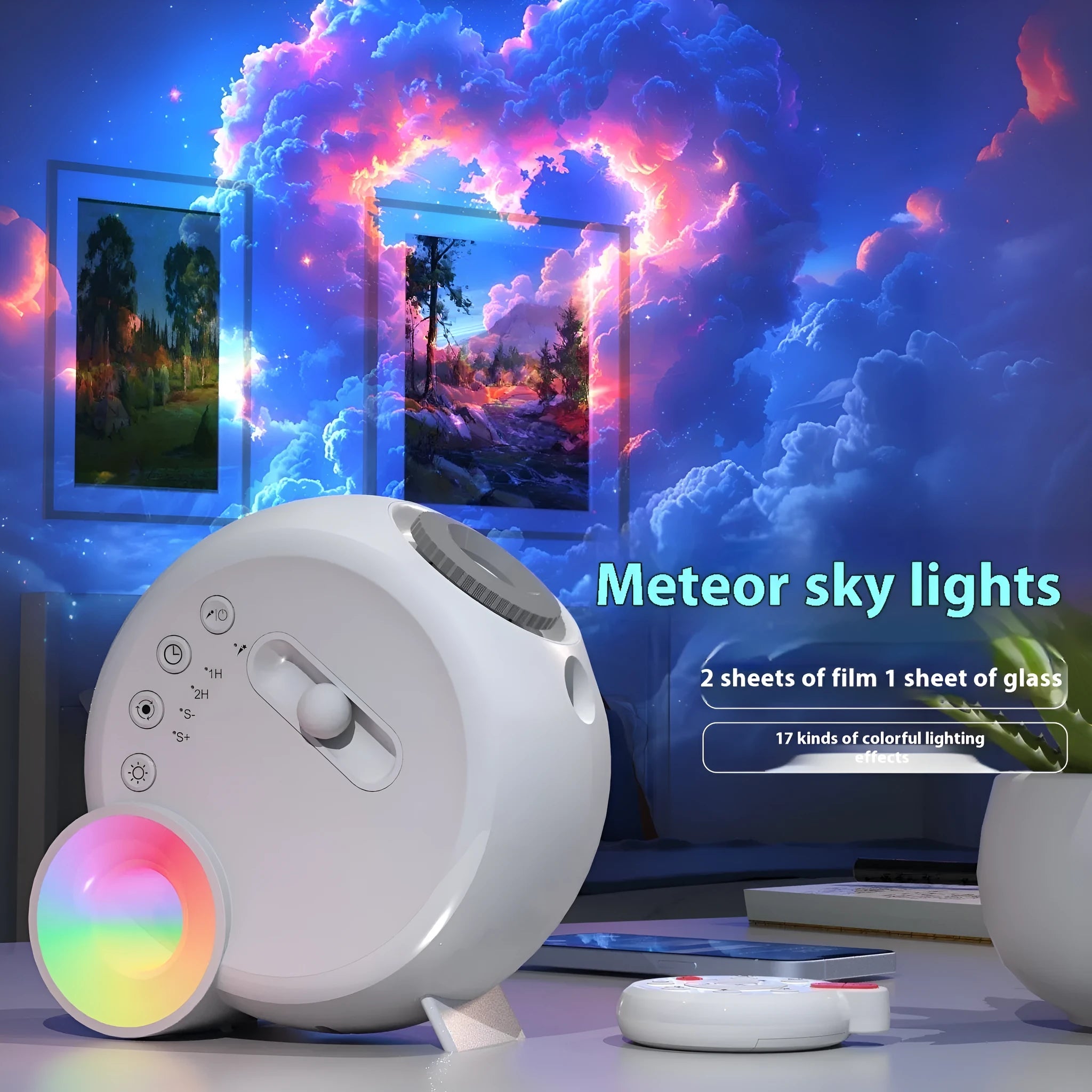 White remote control star light projector on bedside table, 20x19x10.1cm, modern simplicity style