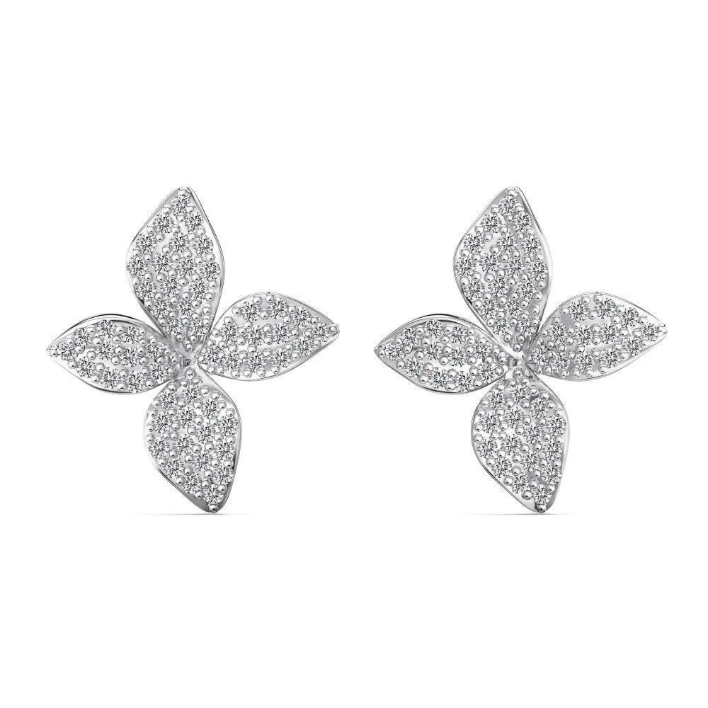 925 silver flower design open ring, necklace, and earring suite with white zircon inlay on a white background