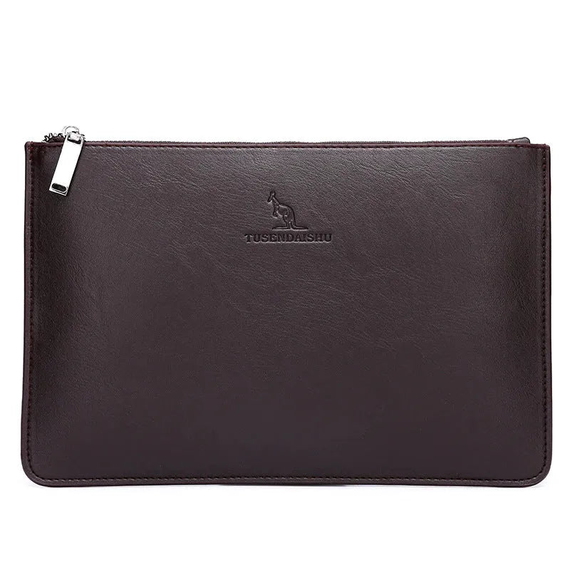 Men's soft PU leather clutch wallet with checkered pattern showing card slots and zipper pocket