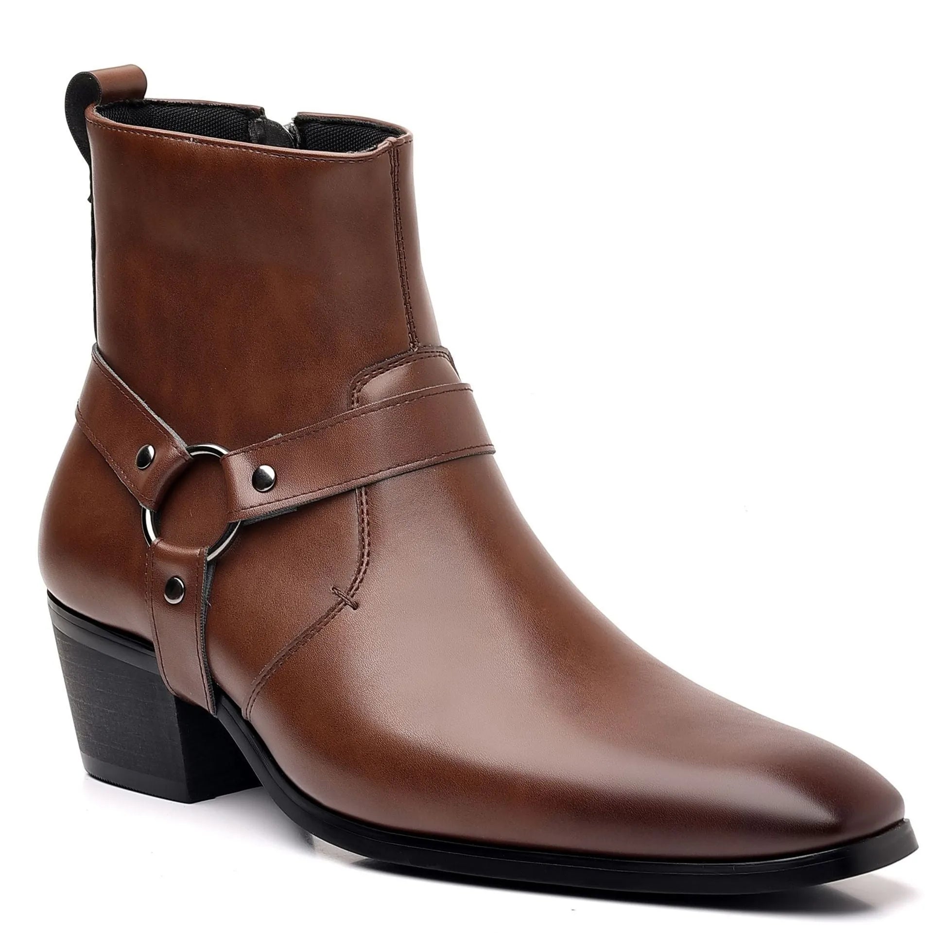 Black chain ankle boots with side zipper, square toe, and rivet details on a frosted artificial PU upper.
