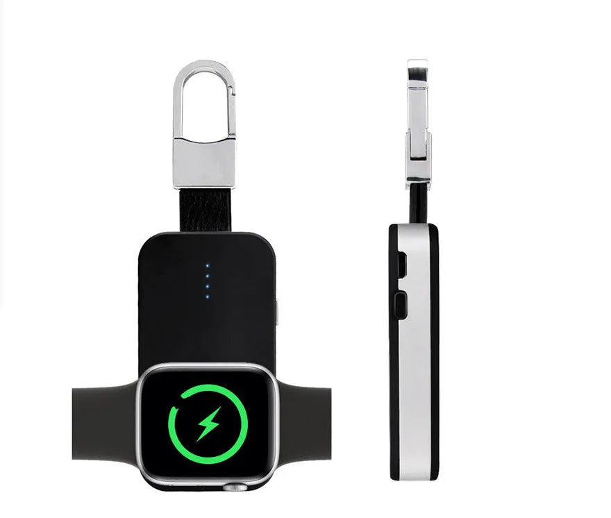 Black Apple Watch wireless keychain power bank on a keyring showing its compact size.