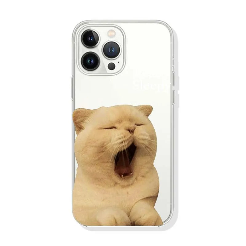 Simple Sleepy Yawn Cat phone case in black TPE with shockproof protection and built-in bracket for iPhone