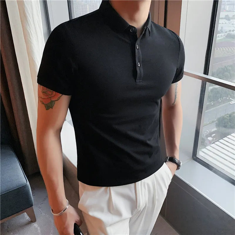 Korean-style tight fit cotton blend polo shirt in apricot colour with short sleeves and lapels