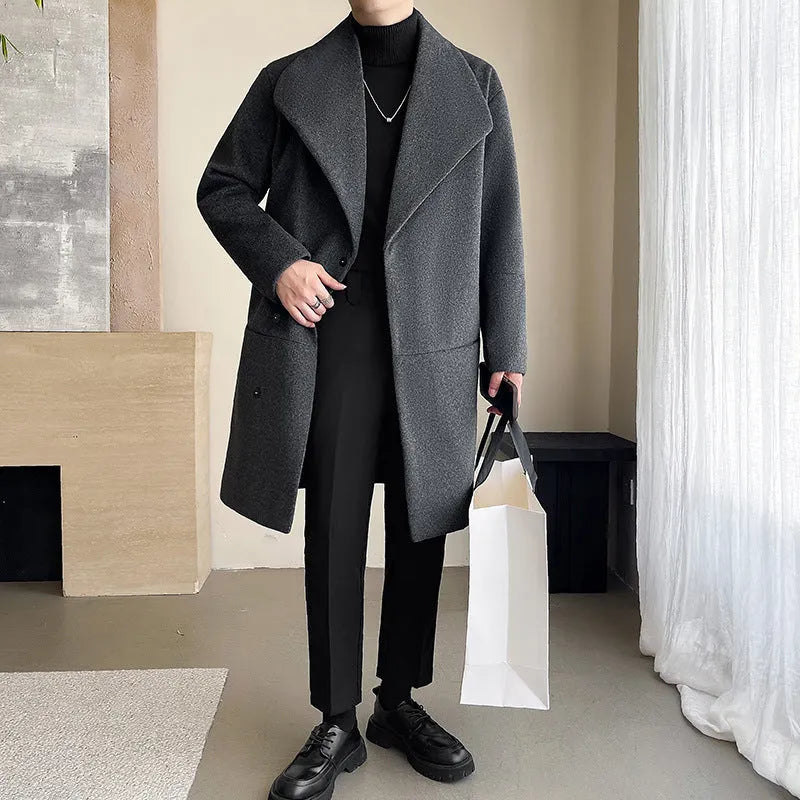 Men's cotton-padded mid-length woolen coat in black with size stick pockets