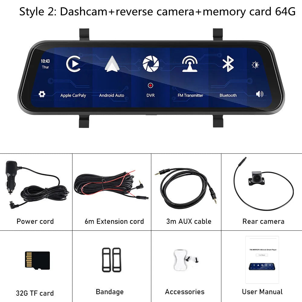 9.66-inch in-mirror driving recorder and video player mounted in a car