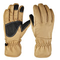 A pair of tactical camouflage winter ski gloves with touch screen fingertips on a neutral background.