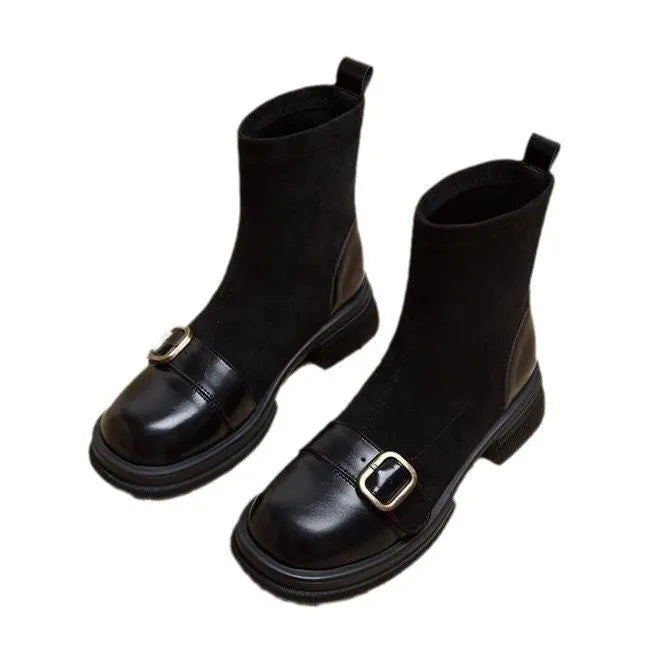 Brown retro British style women's sock boots with block heel and leather splicing detail