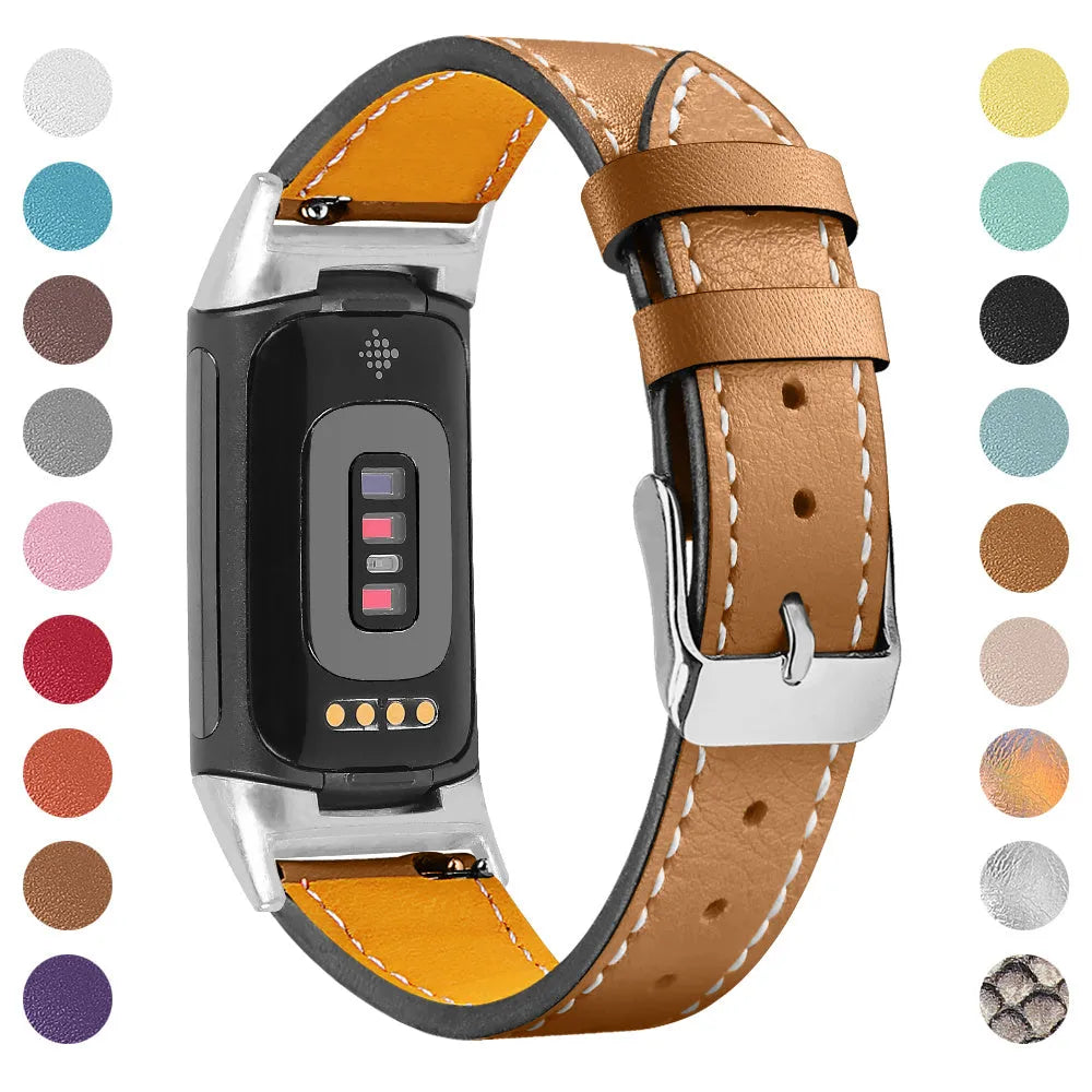 Genuine cowhide leather replacement strap for Fitbit Charge 5 and Charge 6 smartwatches in various colours.