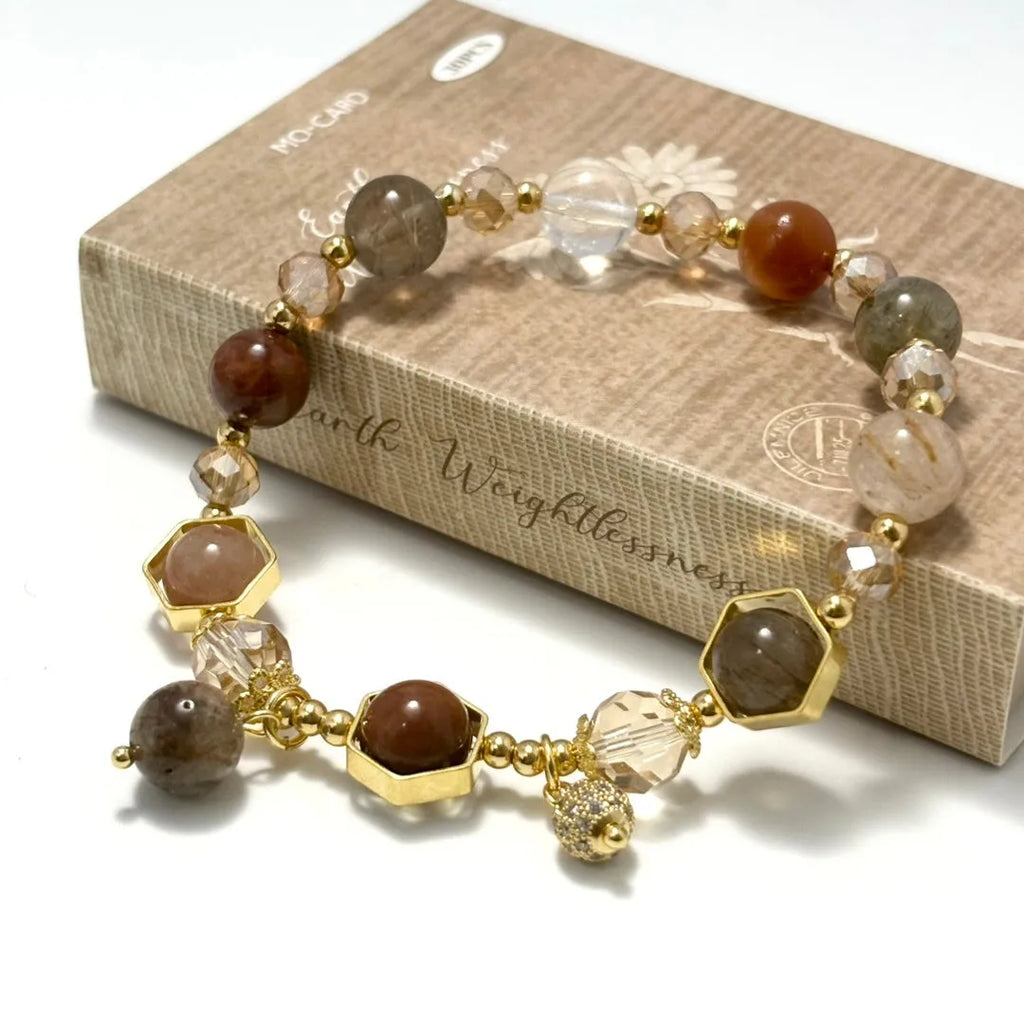 Gold citrine bracelet with hand-woven 8mm beads featuring Chinese auspicious charms