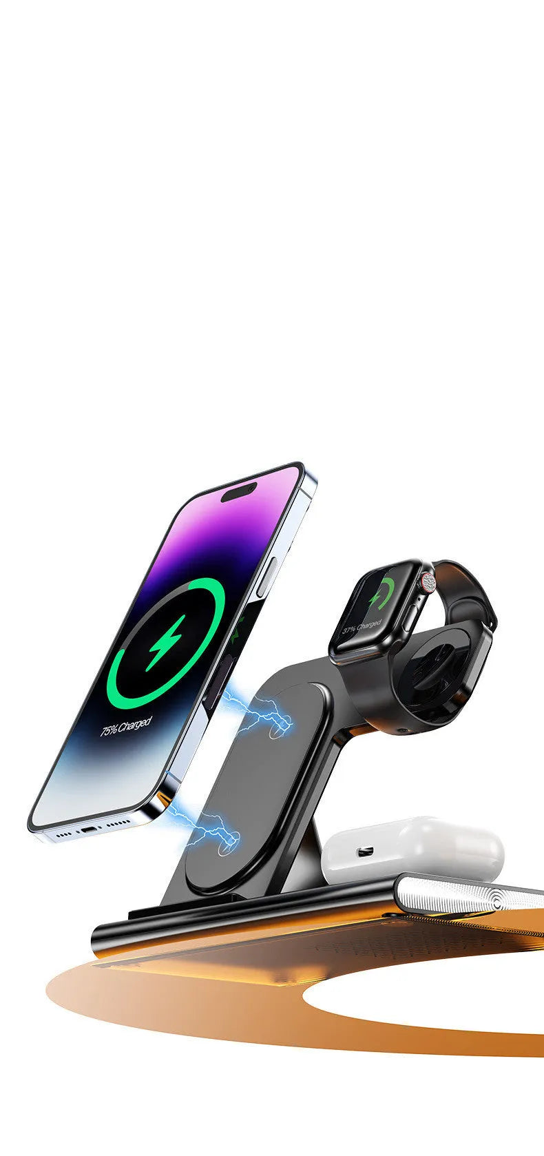Black folding four-in-one wireless charger on a desk, showing its compact size and USB connection.