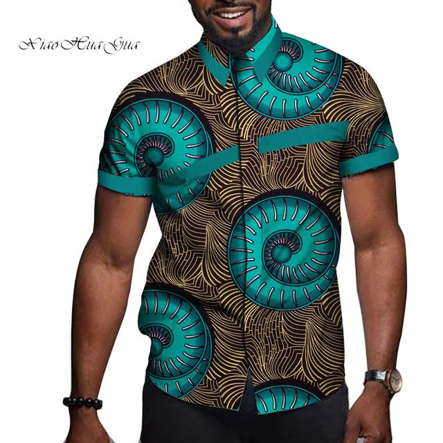 African men cotton printed short sleeve lapel t shirt with colourblock design, available in multiple colours