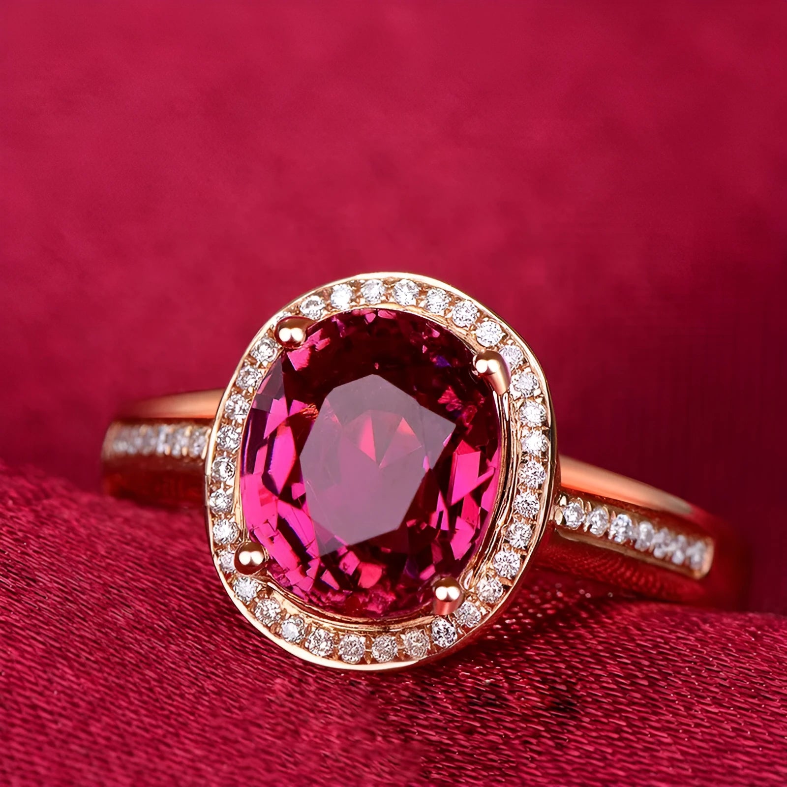 Geometric copper ring with gold-plated inlaid red crystal stones on rose gold adjustable band
