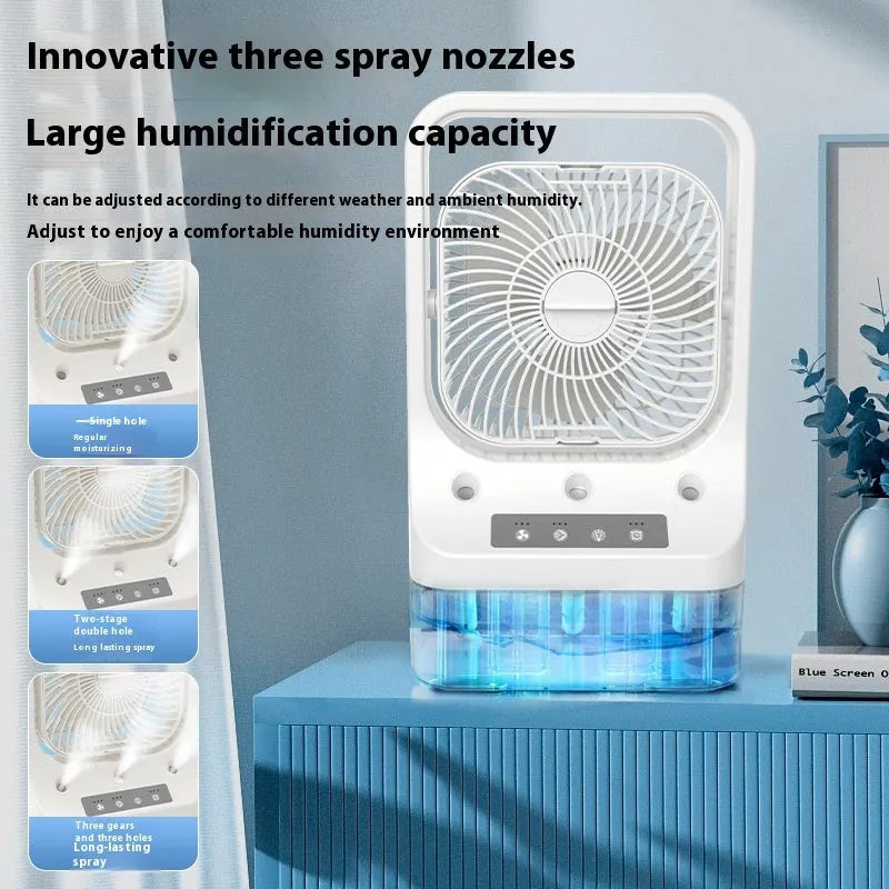 White USB rechargeable air cooler fan with water tank and adjustable head on table