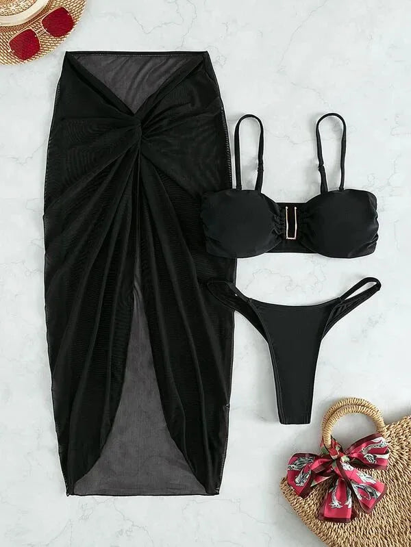 Women's three-piece bikini set with long culotte skirt in multiple solid colours