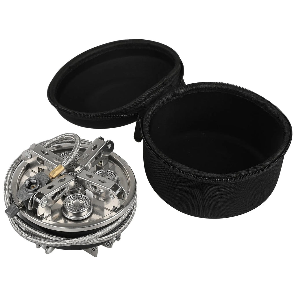 Silver portable split camping stove made of stainless steel and copper, shown folded with gas hose.
