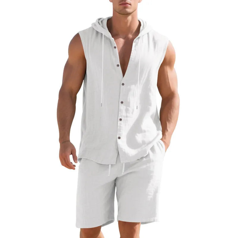 Men's linen sleeveless shirt and shorts suit in army green, front view, summer casual two-piece set