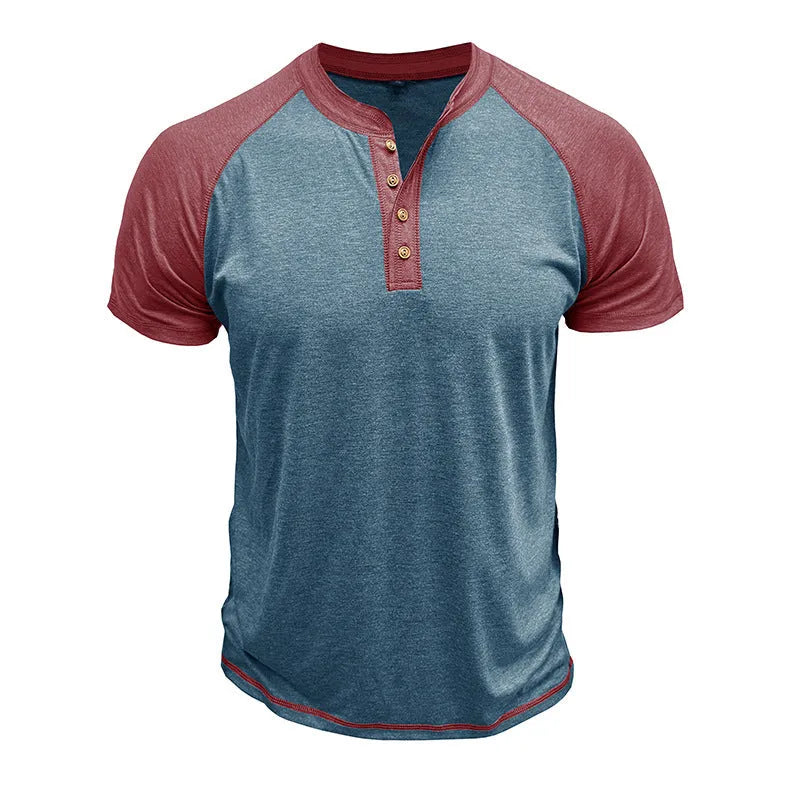 Men's short sleeve colour block pullover top with raglan sleeves on a mannequin.