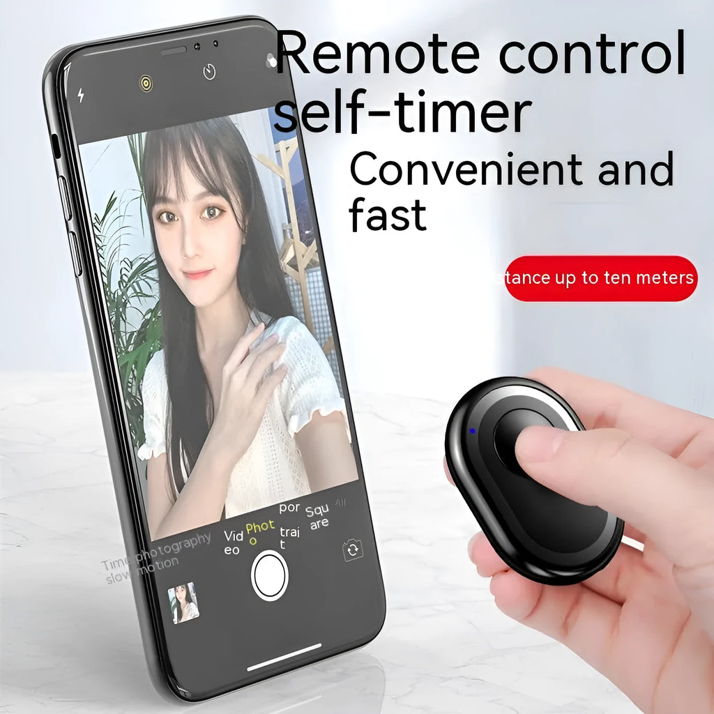Wireless Bluetooth photo remote control in black, pink, or purple colours showing compact size