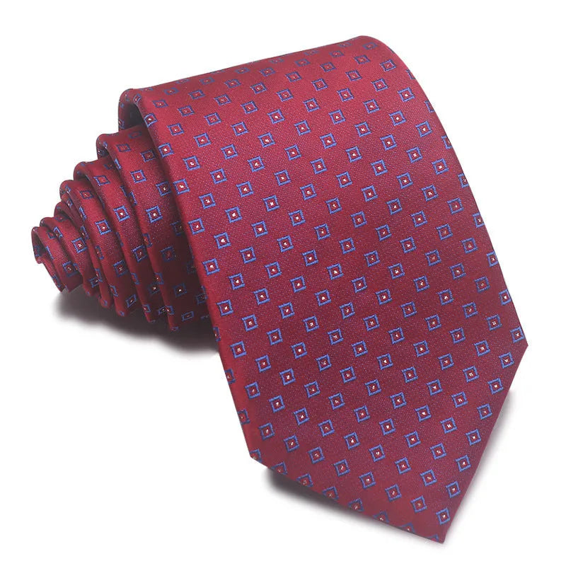 8cm wide polyester jacquard striped men's business tie shown in multiple colour variations