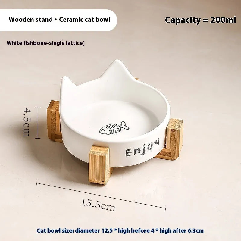 Porcelain cat bowl with wooden anti-tumble frame in chosen colour with cat ear design