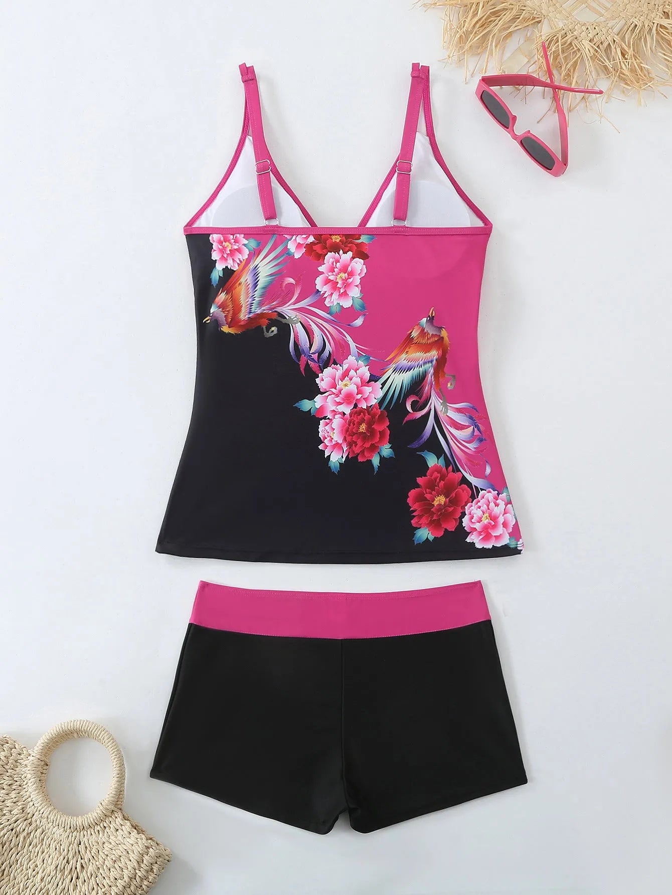 Plus size women's swimsuit set with printed briefs in black or rose red with matching swimming trunks