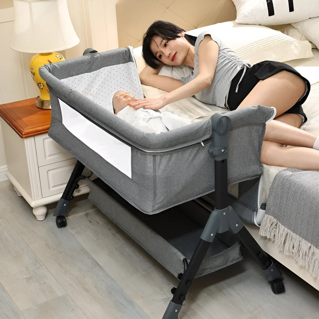 Portable folding baby crib with mosquito net and mattress, iron frame, light grey colour