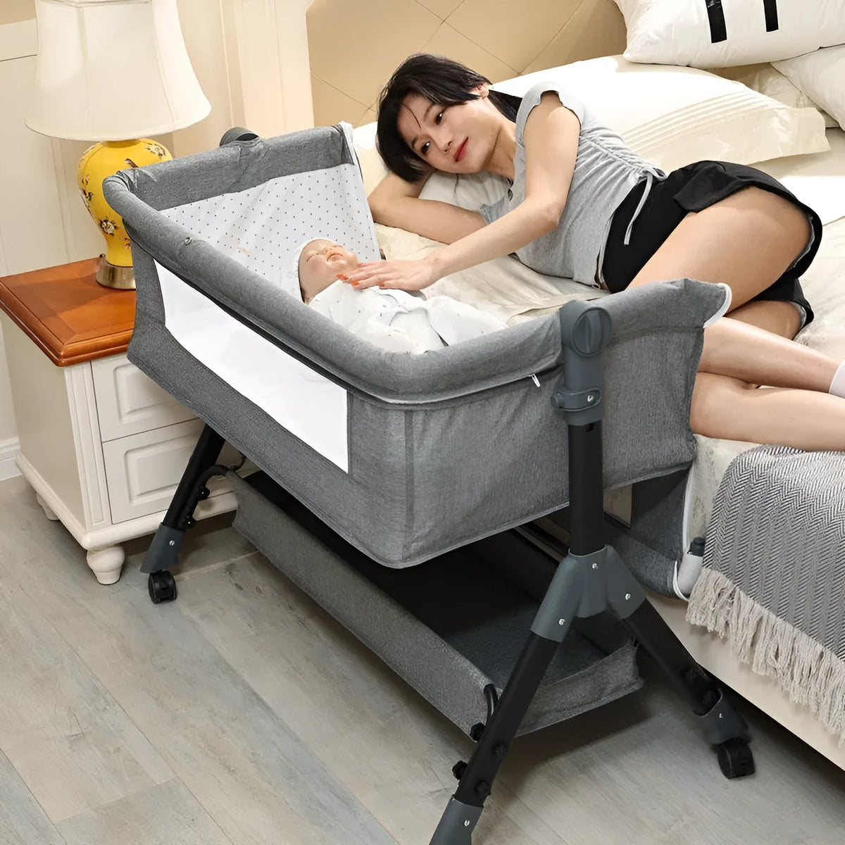Portable folding baby crib with mosquito net and mattress, iron frame, light grey colour