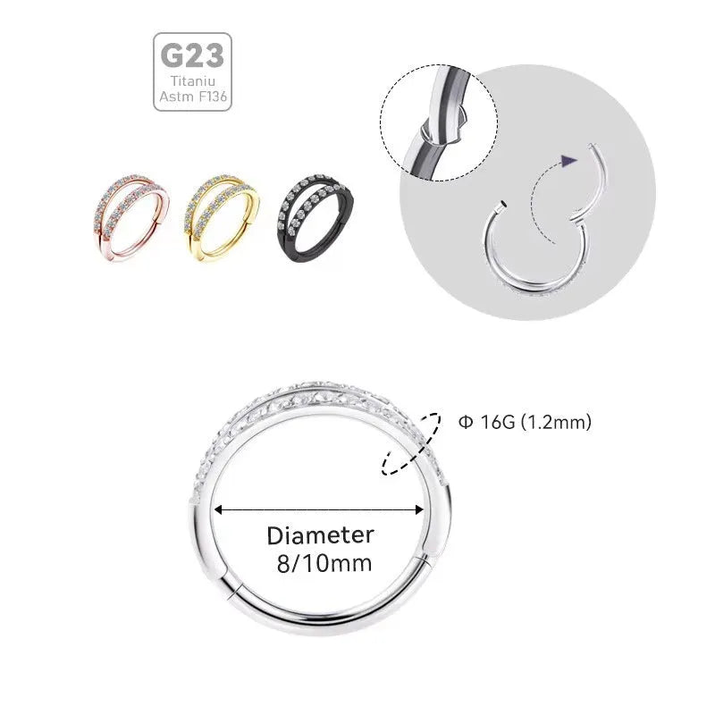 Titanium alloy nose ring with diamond coating in gold colour, showing gauge thickness and length measurements