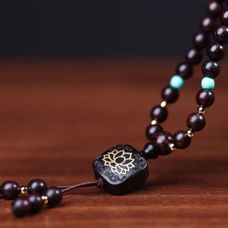 Zambia rosewood Buddha beads bracelet with 108 wooden beads and flat lotus pendant
