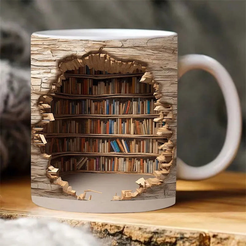 3D Bookshelf Mug creative ceramic water cup with handle showing library shelf design