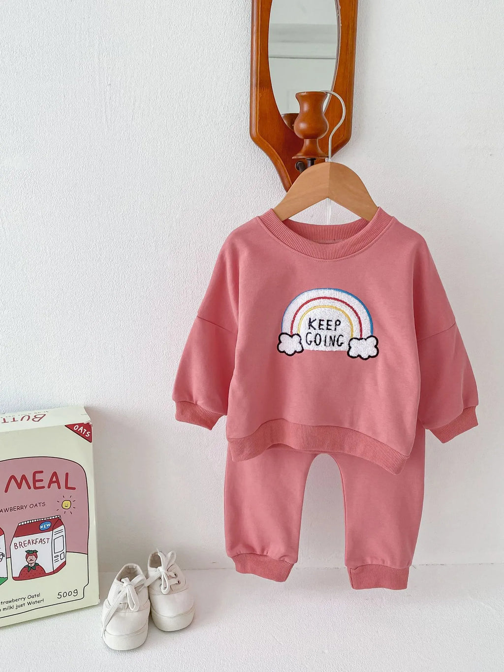Children's rainbow sweater two-piece set in beige, cotton pullover top and trousers, toddler outfit