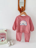 Children's rainbow sweater two-piece set in beige, cotton pullover top and trousers, toddler outfit