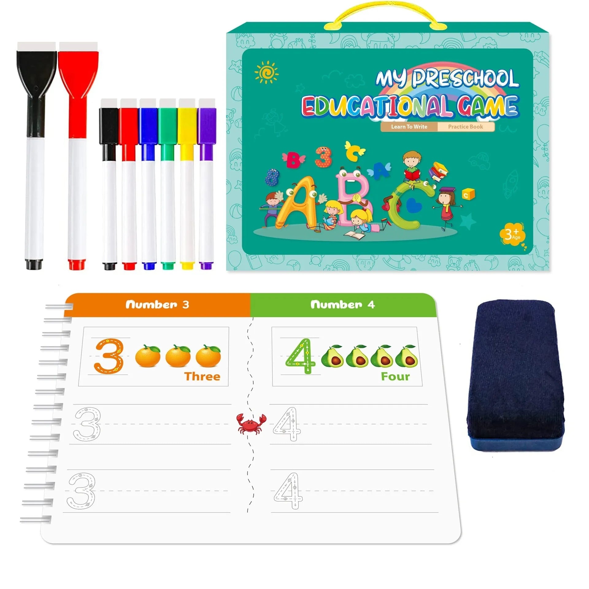 Montessori handwriting practice book kit with erasable pens and reward stickers in gift box