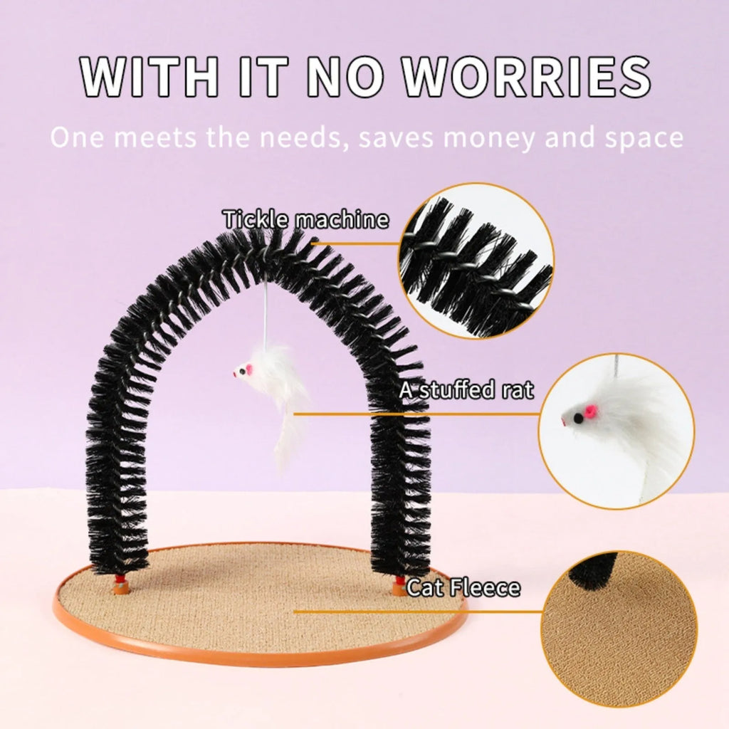 Black plastic arch-shaped cat grooming device with scratching cloth and attached mouse toy