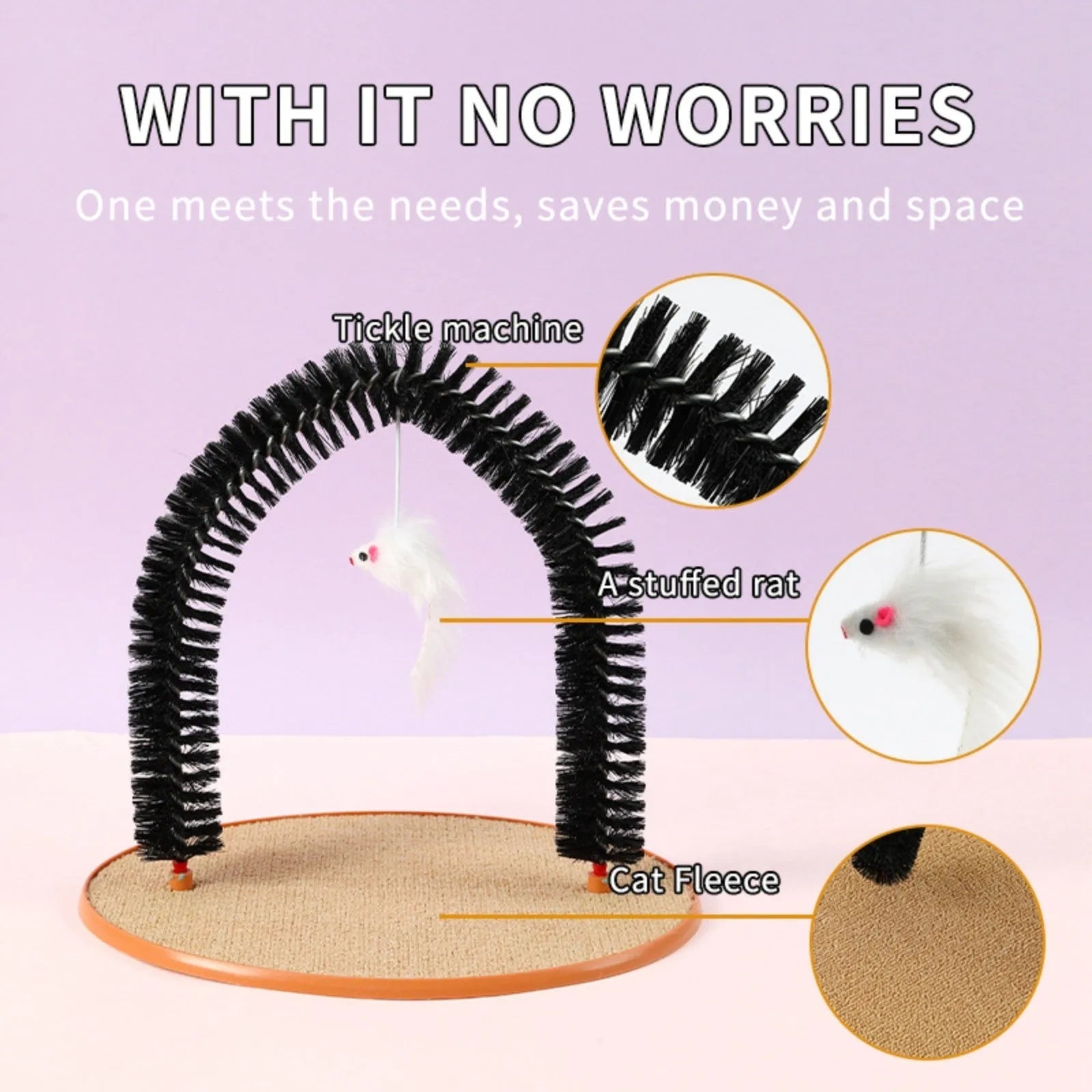Black plastic arch-shaped cat grooming device with scratching cloth and attached mouse toy