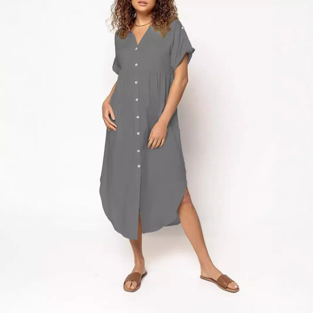 Mid-length casual dress with button front in solid colour, Japanese Korean style with regular sleeves